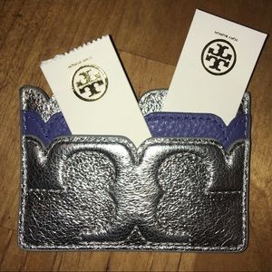 Metallic silver and blue Tory Burch money holder